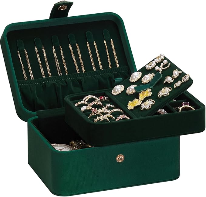 Homde Jewelry Box Small for Women: Ring Earring Organizer Storage for Dresser - Necklace Bracelets Holder with Multi Compartments(Dark Green)