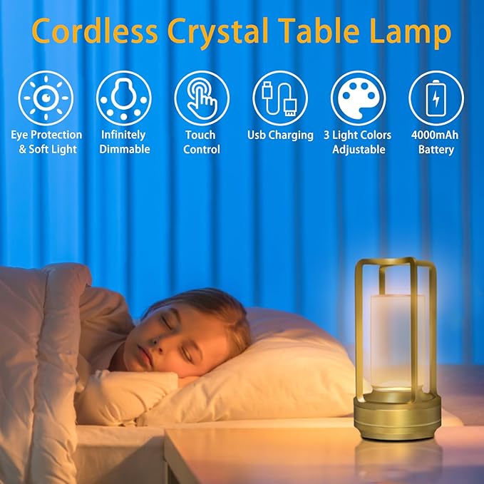Portable Cordless Table Lamp, 4000mAh Lumisom Klarako Crystal Lantern, Rechargeable Metal Table Lamp, 3 Colors Stepless Dimming Touch, Table Light for Restaurant/Bedroom/Bars/Outdoor Party/Camping