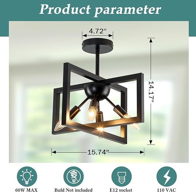 ZGLAOJT 4-Lights Ceiling Light Fixture Modern Black Semi Flush Mount Ceiling Lighting Matte Chandelier for Bedroom Kitchen Foyer Hallway Living Room Farmhouse