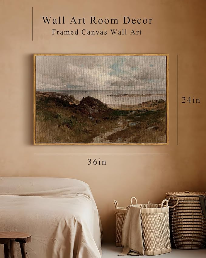 InSimSea Framed Canvas Wall Art Vintage Decor, Seaside Path Wilderness Landscape Paintings Artwork, Large Prints, Retro Wall Decorations for Living Room Bedroom Bathroom, 24"x36"