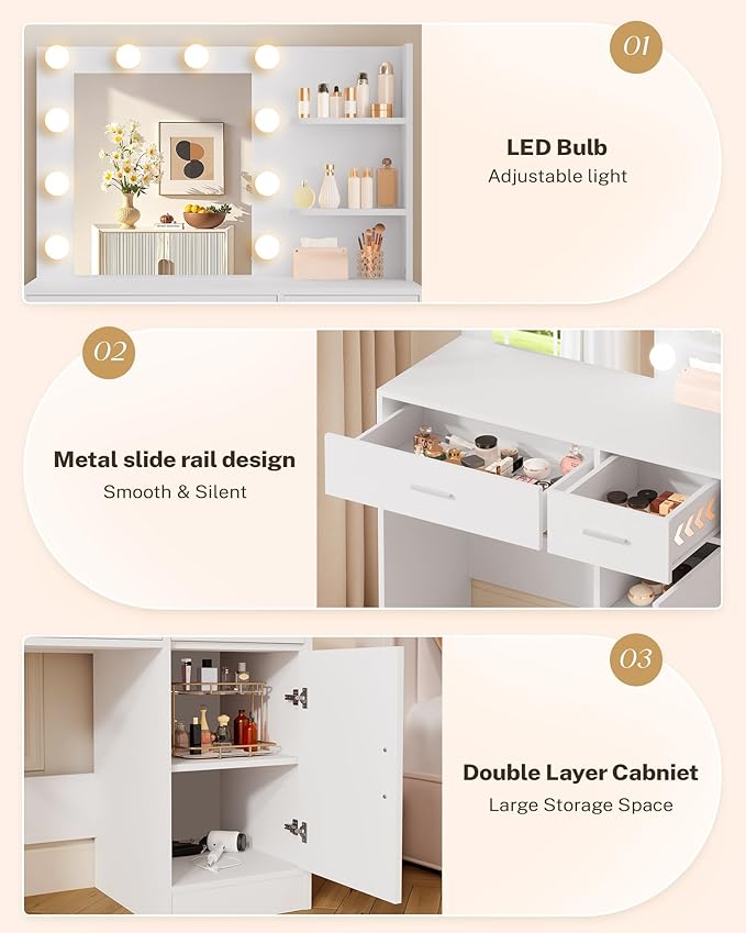 Lighted Makeup Vanity Desk, 35.4“W x 15.7'”D x 54“H, White (with Lights and Mirror, Dimming Function, 2 Drawers and 1 Cabiniet, Open Shelves) by Boahaus