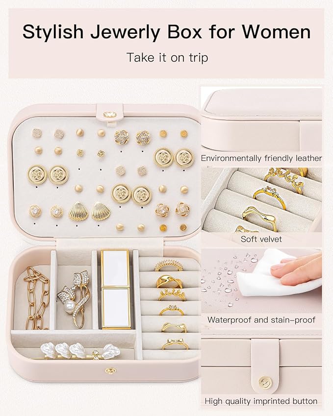 Vlando Travel Jewelry Case, PU Leather Travel Jewelry Box with Earring Holder, Portable Display Small Jewelry Box for Mothers Day Women Girls Gift - Pink