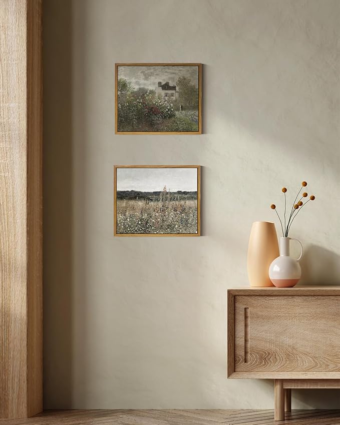 InSimSea Framed Canvas Wall Art, Wildflower Field Canvas Wall Art Paintings, Rustic Landscape Wall Decor for Bathroom Office Dining Room, 9"x11"