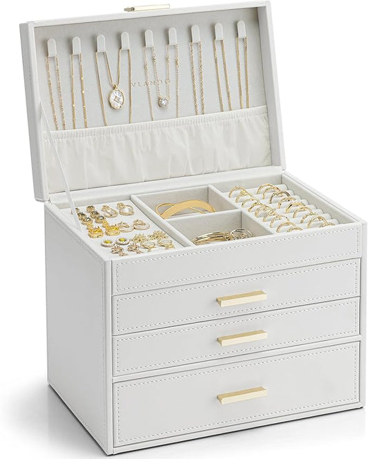 Vlando 4 Layer Large Jewelry Box - Jewelry Holder Organizer, Jewelry Box Organizer for Drawer Necklace Ring Bracelet and Watch, Birthday Gift for Loved Ones - White