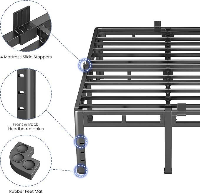 NKZ 22 Inch Queen Size Bed Frame, Metal Bed Frame & Box Spring 2 in 1 Platform with Round Corner Legs, 4000Lbs Heavy Duty Metal Frame, Mattress Slide Stopper, Headboard Hole, Noise-Free, Easy Assembly