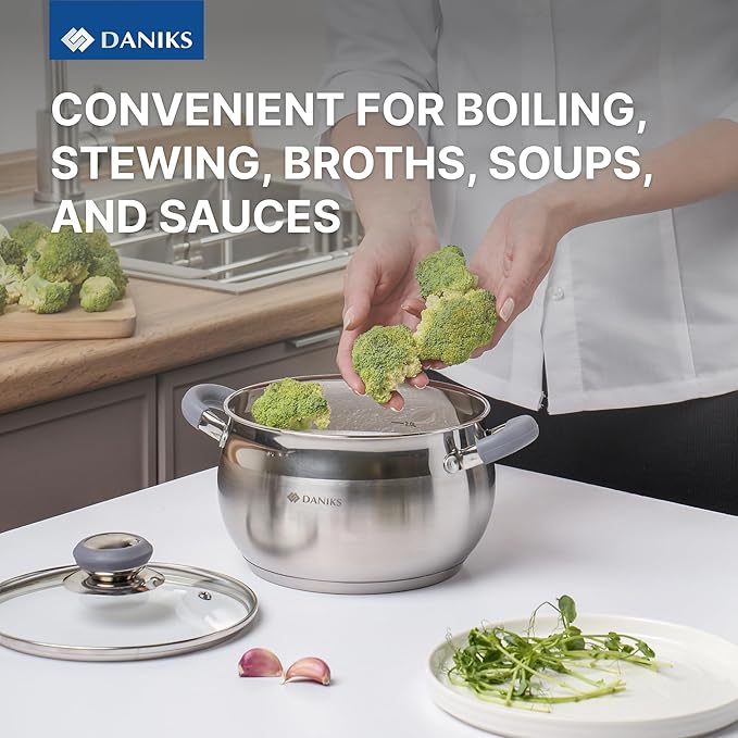 Daniks Modern Stainless Steel Stock Pot with Glass Lid - Induction 2 Quart, Dishwasher Safe, Heatproof Handles, For Soup, Pasta, Stew, Silver