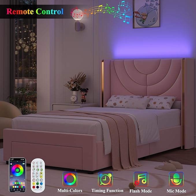 HITHOS Twin Upholstered LED Bed Frame with Storage Drawer, Velvet Kids Bed with Wingback Headboard, Princess Twin Platform Bed for Girls/Kids, Solid Wood Slats Support, No Box Spring Needed, Pink