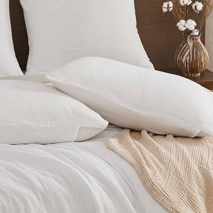 EMME Muslin Cotton Duvet Cover Set Cream White Queen Size Linen Like Soft Breathable Lightweight Summer Comforter Cover Set with Zipper Closure (Cream White, Queen, 90"x90")