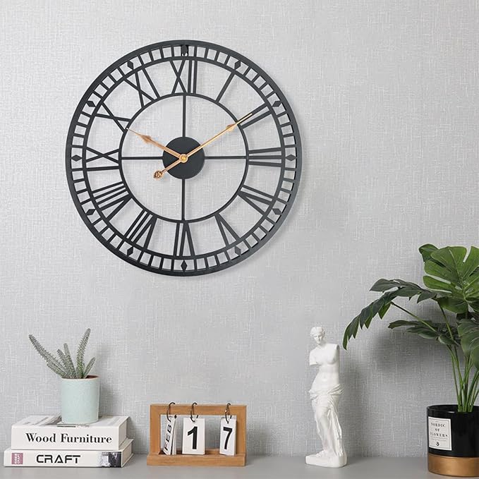18 Inch Wall Clock for Living Room Decor, Silent Non-Ticking Battery Operated Metal Wall Clock, Indoor Outdoor Clocks with Roman Numerals, Black