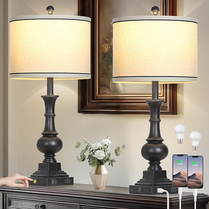 Farmhouse Table Lamps Set of 2, Vintage Bedside Lamps with USB A+C Charging Ports & AC Outlet, 26" Rustic Nightstand Lamp for Living Room Bedroom End Table Wash Black(2 LED Bulbs Included)
