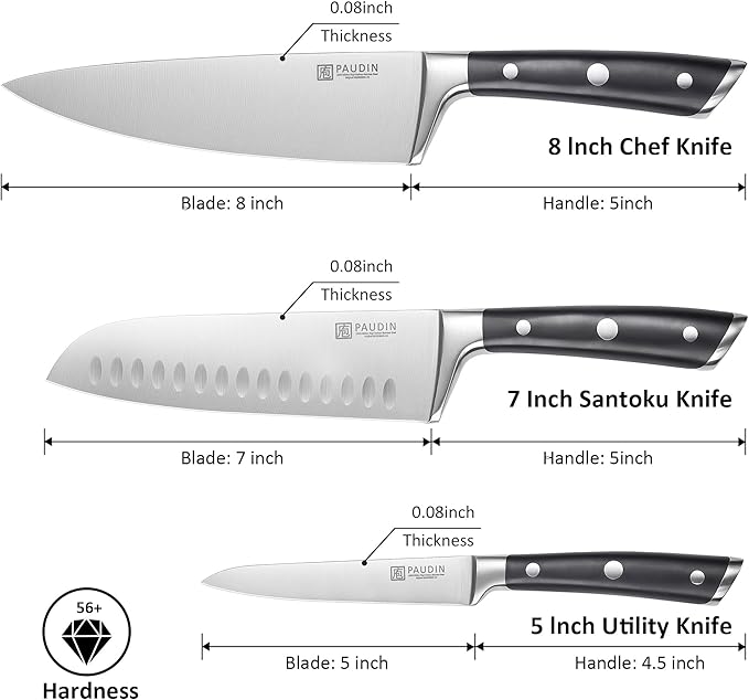 PAUDIN Kitchen Knives Set, Switzer 3-Piece Chefs Knife Set High Carbon Stainless Steel with Ultra Sharp Blade & Plastic Handle Professional Chef Knives