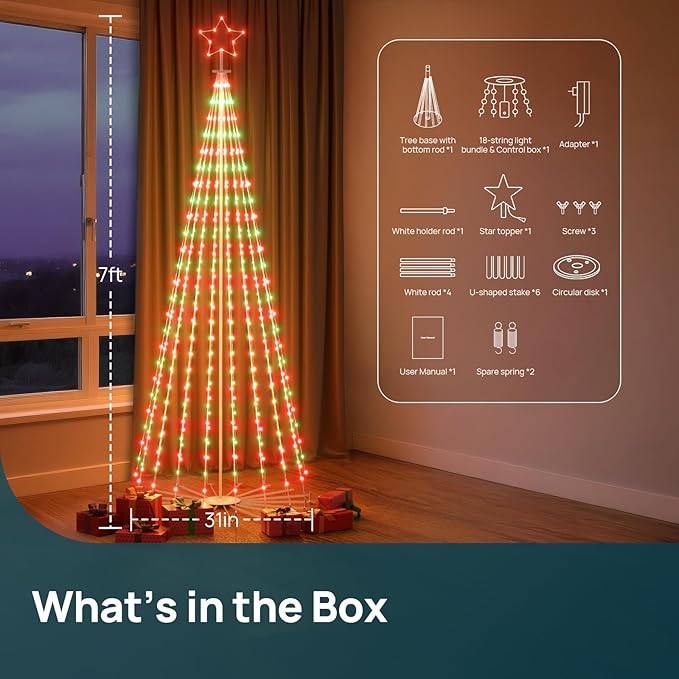 Linkind Christmas Cone Tree Lights, 7ft 460 LEDs Christmas Tree Lights, 85+ Scene Modes, App-Controlled, IP65 Waterproof Outdoor Indoor String Lights for Xmas Decorations, Music Sync, Holiday Decor