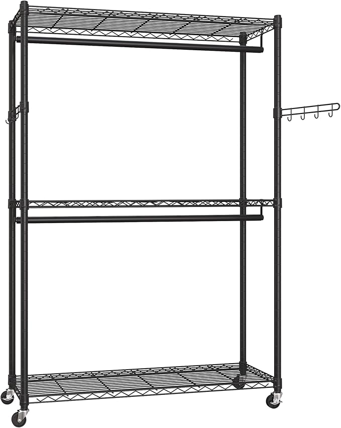 SONGMICS Heavy-Duty Rolling Clothes Rack, Garment Rack, Portable Closet, 43.3-Inch Wide Clothing Rack on Wheels, with Adjustable Mesh Shelves and Hanging Rails, Hooks, Ink Black ULGR414B01