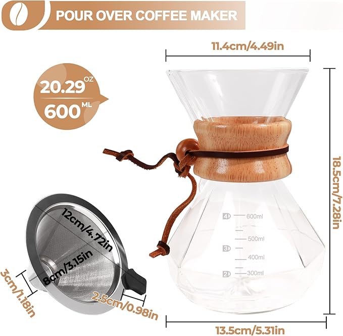 Pour Over Coffee Maker 600ml with 304 Stainless Steel Filter and Wooden Collar Holder Borosilicate Glass Drip Coffeemaker Server Set Clear Hand Brew Dripper Carafe for Home Camping Travel 20.3oz