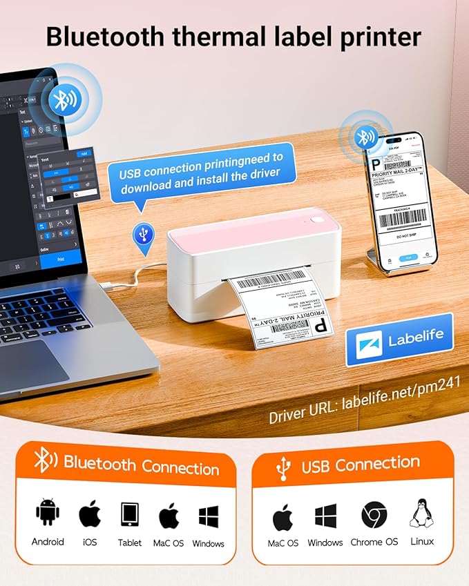 ASprink Shipping Label Printer - Bluetooth Thermal Label Printer for Shipping Packages, Small Business, Barcode Labels, Customer Stickers Compatible with for Amazon, Ebay, Shopify, USPS, UPS, FedEx