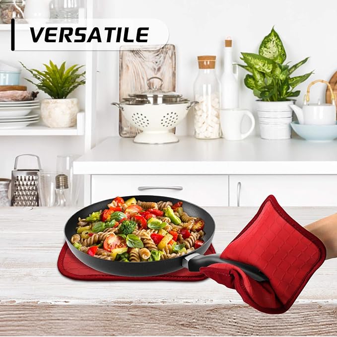 HOMWE Silicone Oven Mitts and Pot Holders for Kitchen & Baking - Set of 4 Heat-Resistant, Heavy-Duty Cooking Mittens w/Non-Slip, Textured Grip