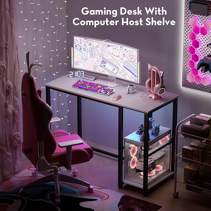 SINPAID 40IN Computer Desk with Shelves, Cream White Sturdy Small Desk for Bedroom, Modern Gaming Table, Office Furniture