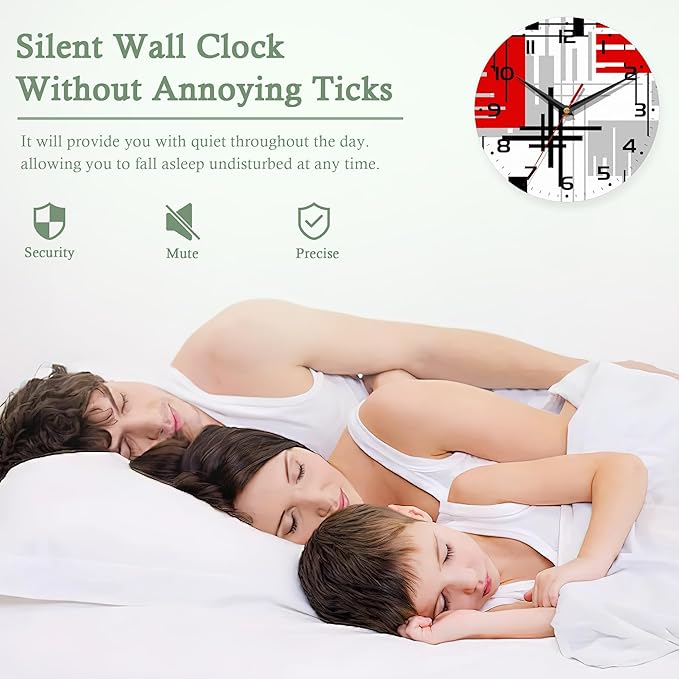 Wall Clocks Battery Operated,Red Black Abstract Line Clock for Living Room,Decorative Wall Clock for Living Room, Bedroom, Bathroom and Kitchen,10 Inch