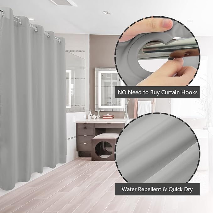 River Dream No Hook Hotel Cloth Grey Shower Curtain Soft Microfiber & Waterproof - Fabric Shower Curtain or Liner, Washable & Bottom Magnets, Gray, 71x74