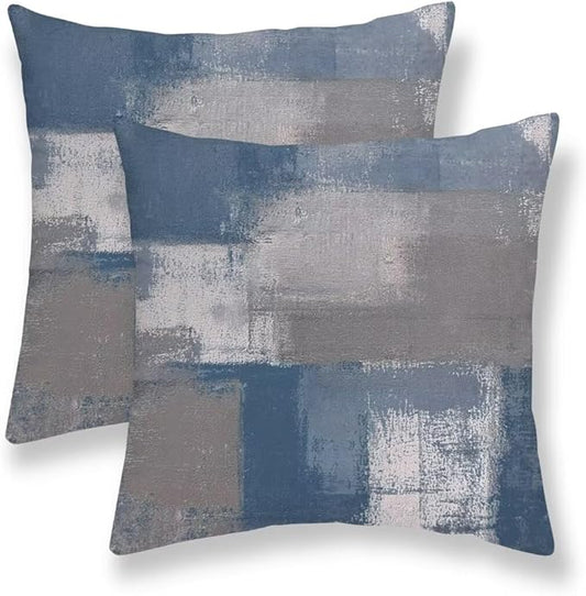 Blue and Grey Pillow Covers 18 x 18 Inch Set of 2 Modern Abstract Art Decorative Throw Pillow Covers Outdoor Cotton Farmhouse Cushion Cases for Home Sofa Couch Living Room Decor