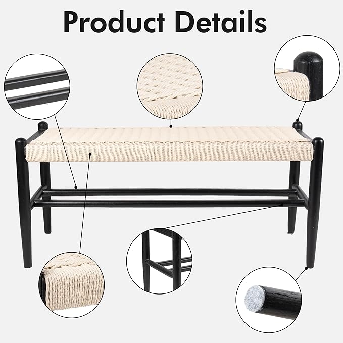 Solid Wood Entryway Bench with Shoe Storage, Rustic Oak Wood and Woven Design 39.4 Inch Long Seating for Living and Dining Rooms,Black