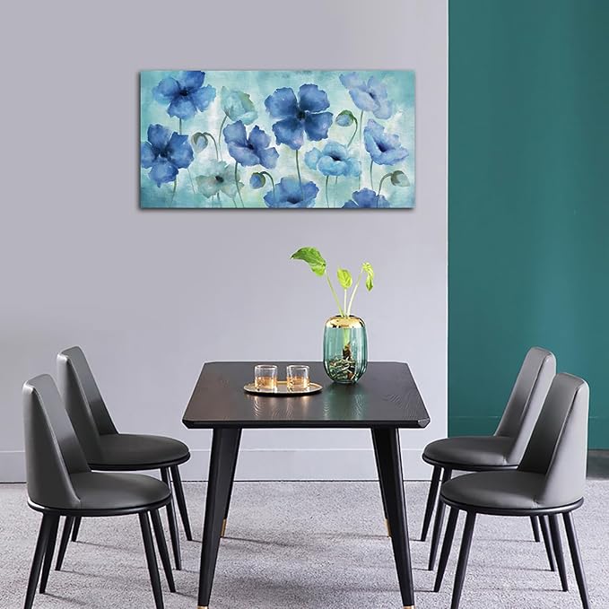 NINEASO Blue Abstract Flowers Wall Art - Elegant Floral Pictures Wall Decor Indigo Blue Green Blossom Canvas Painting Artwork Abstract Flowers Nature Print for Home Office Decoration 20" x 40"