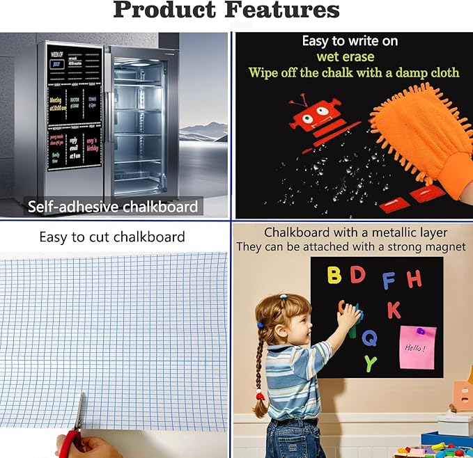 Magnetic Chalkboard Contact Paper 17.5" x 24" Self Adhesive Magnet Wall Board Sticker with Liquid Chalk Black Chalk Board Wallpaper Roll Alternative Magnetic Blackboard Paint