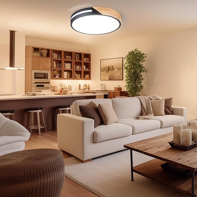 Black and Wood Flush Mount Ceiling Light Fixture Set of 2, Dimmable LED Ceiling Light Black, Modern Light Fixture Ceiling Mount for Bedroom, Living Room, Kitchen, Bathroom, Hallway