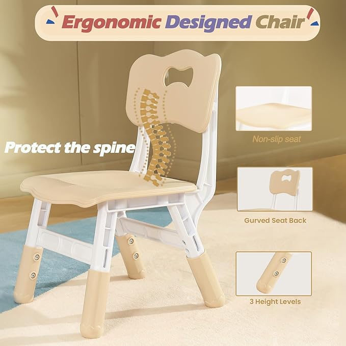 Kids Table and 2 Chair Set, Toddler Table and Chair Set Height Adjustable, 31.5''L x 23.6''W Multifunctional Toddler Table for Reading, Drawing, Eating, for Girls & Boys Age 2-10, Burlywood