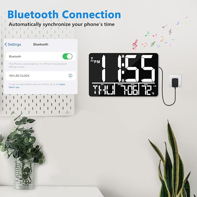 13" Bluetooth Auto Sync Wall Clock - Large Digital Alarm Clock with Remote, 25 Ringtones, Dual Alarm, Adjustable Brightness, 12/24H, Auto DST, for Living Room, Kitchen, Office, Elderly