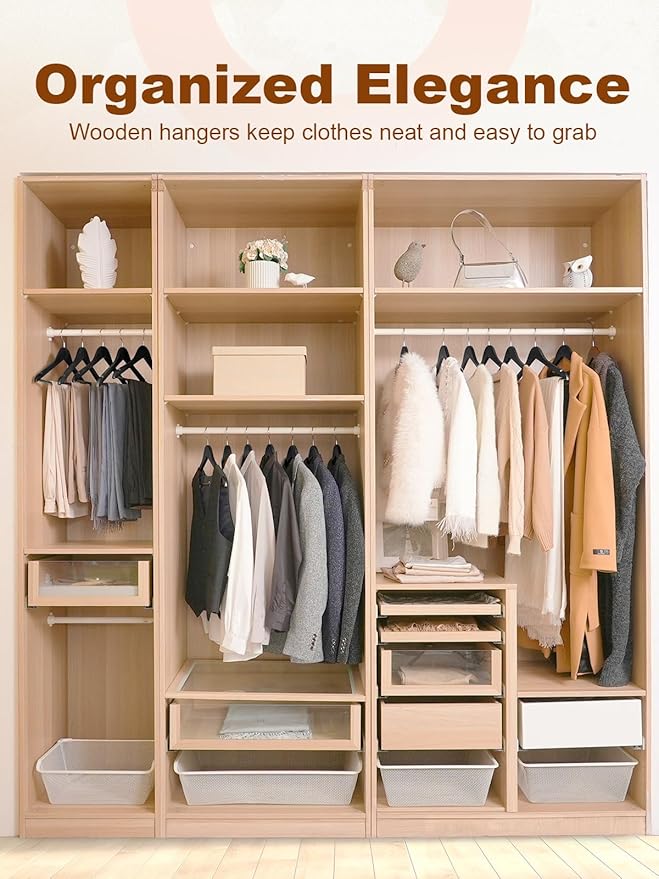 HOUSE DAY Black Wooden Hangers 10 Pack, Solid Wood Hanger with Non Slip Pant Bar, Heavy Duty Wooden Coat Hanger for Closet, Smooth Finish Wood Clothes Hangers for Shirts, Suits, Jackets, Dress