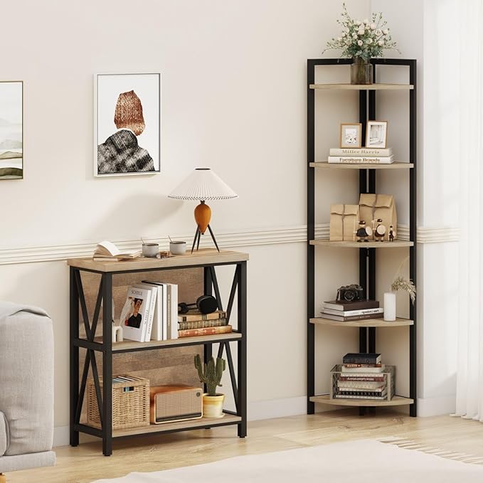 FATORRI Tall Corner Shelf, Industrial Corner Bookshelf, Wood and Metal Corner Shelf Stand for Living Room, Rustic Display Plant Stand for Home Office (Rustic Oak)