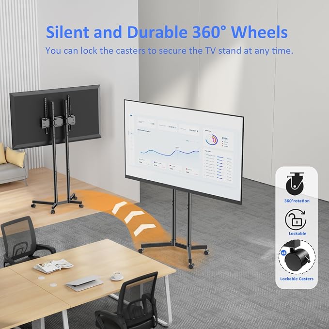 Rolling TV Stand for 32 to 65 inch TVs up to 88 lbs, Mobile TV Cart with Lockable Wheels, Height Adjustable, Max VESA 400x400mm, Portable Mobile TV Stand for Bedroom, Office, Outdoor, Black