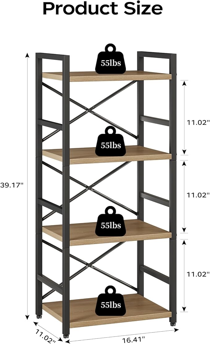 Bookshelf, Kid's Bookshelf, 4 Tier Small Bookcase, Metal Small Bookcase, Book Shelf Organization and Storage for Living Room, Bedroom, and Home Office (Light Coffee)