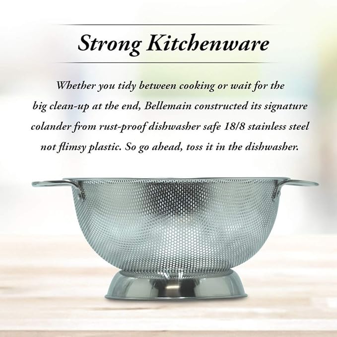Bellemain 3 Qt Metal Colander with Handle | Pasta, Spaghetti, Berry, Fruit, Vegetable, Kitchen Food Strainer Basket | 18/8 Stainless Steel Colander Bowl | Pot Drainer for Cooking, Sifter Strainer