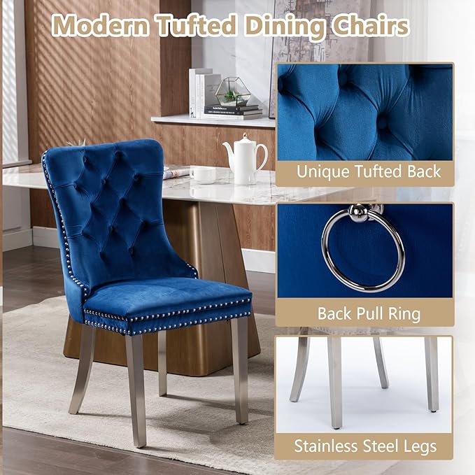 Goujxcy 5 Piece Glass Dining Table Set Modern Small Glass Dining Table Set for 4, 35.43" Square Kitchen Table and 4 Velvet Upholstered Chairs for Kitchen Dining Room, Silver & Blue