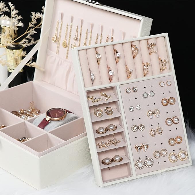 Jewelry Box for Women Girls, 2 Layers Jewelry Organizer Container with Lock, PU Leather Storage Case with Removable Tray, Jewelry Display Box for Necklaces Earrings Bracelets Rings Watches - White