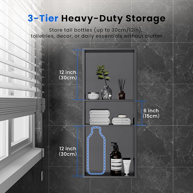 POPFLY 12"x30"x4" Dark Grey Shower Niche, 3 Layer Stainless Steel Recessed Shelf, No Tile Needed Recessed Storage Wall Niche for Bathroom/Laundry Room