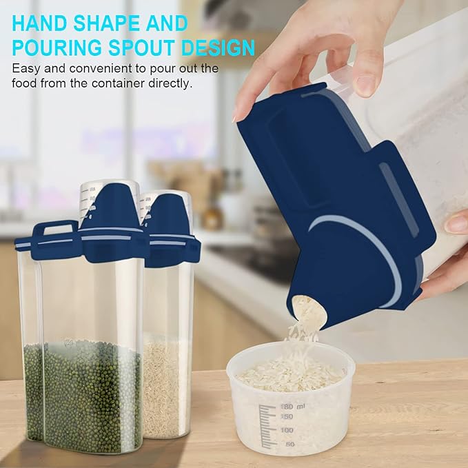 Rice Airtight Dry Food Storage Containers, BPA Free Plastic Storage Bin Dispenser with Pourable Spout, Measuring cup for Cereal, Flour and Baking Supplies Blue