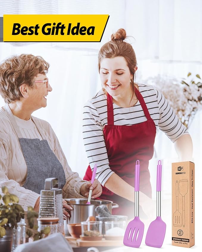 Pack of 2 Silicone Solid Turner, Non Stick Slotted Kitchen Spatulas, High Heat Resistant BPA Free Cooking Utensils, Ideal Cookware for Fish, Eggs, Pancakes(Purple)