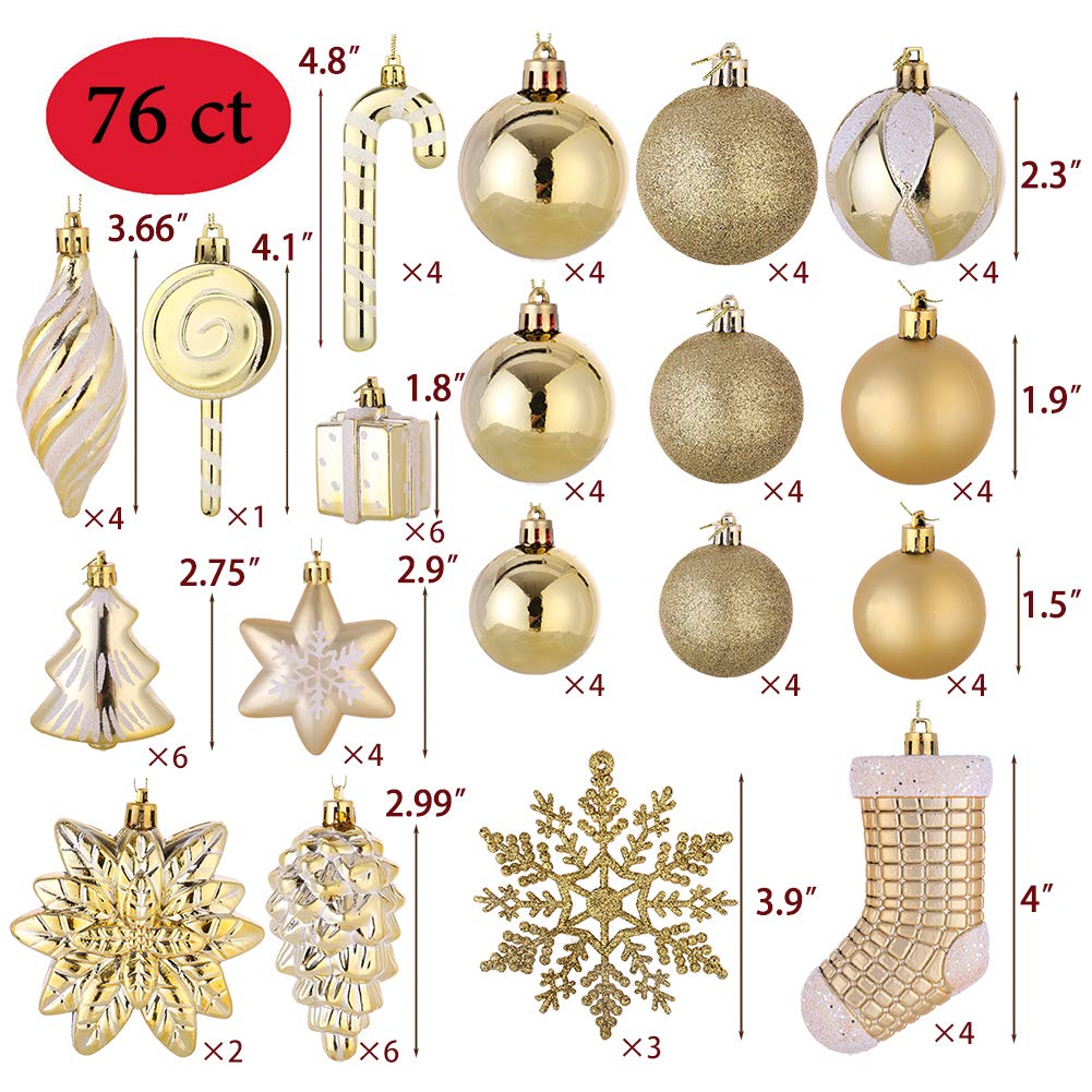 Sattiyrch 76ct Christmas Tree Ornaments Set,Golden Shatterproof Christmas Balls Decorations,Xmas Decorative Hanging Ornaments(Golden)