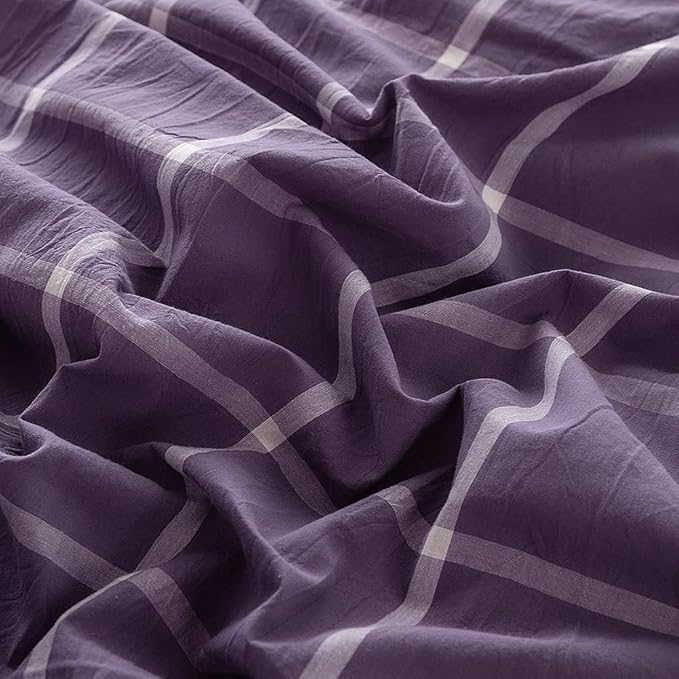 FACE TWO FACE Bedding Duvet Cover Set100% Washed Cotton Duvet Cover Linen Like Textured Breathable Durable Soft Comfy (California King, Purple Grid)
