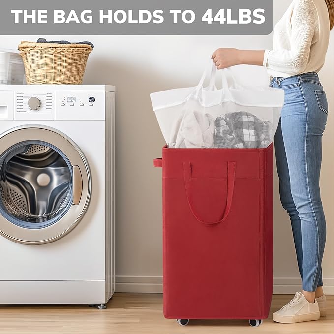 Goodpick Laundry Basket with Wheels,75L Large Roolling Laundry Basket with Removable Wash Bag, Clothes Hamper with Wheels for Laundry Room, Red