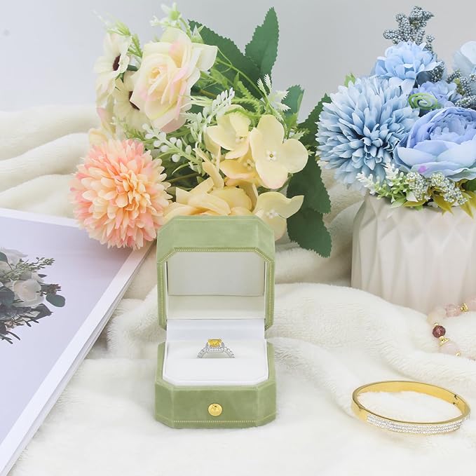 Jewelry Ring Box Small Travel Jewelry Box, Velvet Wedding Ring Box for Business, Engagement, Wedding, Bridesmaid and Holiday Events - Green
