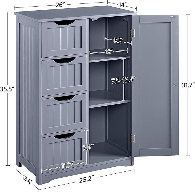 Yaheetech Large Bathroom Floor Cabinet with 4 Dawers and Single Door Cabinet, Freestanding Storage Cabinet for Living Room Kitchen Hallway, Gray