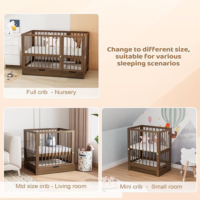 JOYMOR 8 in 1 Convertible Crib with Changer, Include 2” Mattress, Converts to Bassinet, Mid Crib, Full Size Crib, Daybed,Toddler Bed and Playard (Crib with Drawer, Honey Wood)