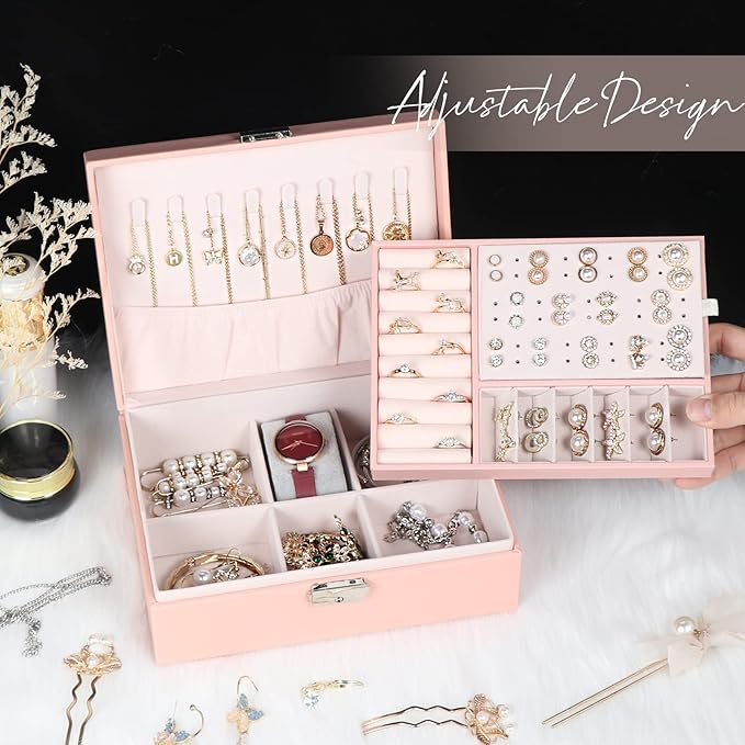 Jewelry Box for Women Girls, 2 Layers Jewelry Organizer Container with Lock, PU Leather Storage Case with Removable Tray, Jewelry Display Box for Necklaces Earrings Bracelets Rings Watches (Pink)