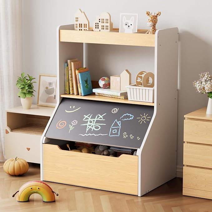 KORIMEFA 37.4" Tall Toy Box & Chalkboard Lid Wood Toddler Bookcase and Kid Toy Storage Bin & Organizer, White