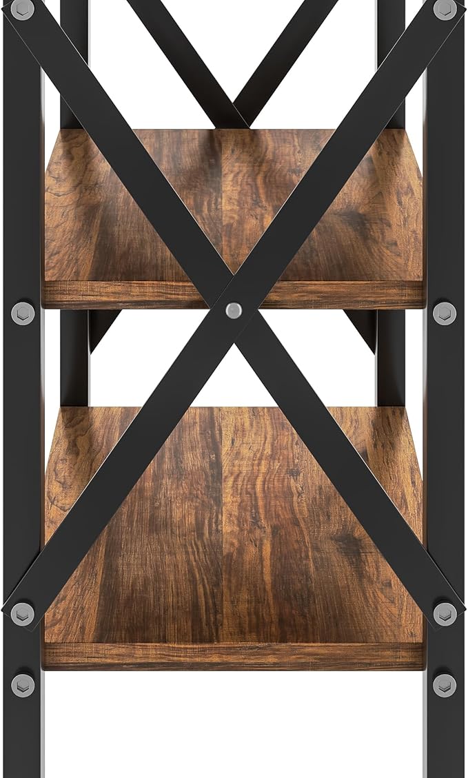 VECELO End Table, Bedside Table, 24" Tall Living Room End Tables, X-Design Reinforced Nightstands, Side Table with 3-Tier Storage Shelves for Small Spaces, Office, Bathroom, Bedroom, Rustic Brown