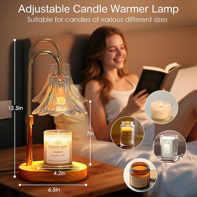 Candle Warmer Lamp with Timer: Birthday Gifts for Women Mom, Adjustable Height, 3 Timing Mode, 4 Level Dimmable Flower Candle Wax Melt Warmer with 2 Bulbs for Jar Candle House Warming Gifts Fall Decor